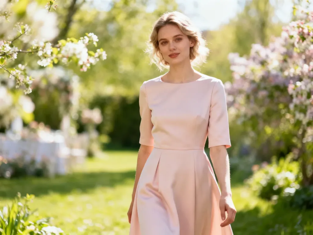 Elegancka kobieta w pastelowej sukience midi w słonecznym ogrodzie, prezentująca stylizację na chrzciny.